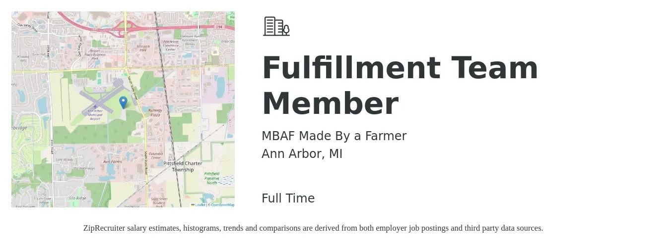 MBAF Made By a Farmer job posting for a Fulfillment Team Member in Ann Arbor, MI with a salary of $16 to $28 Hourly with a map of Ann Arbor location.