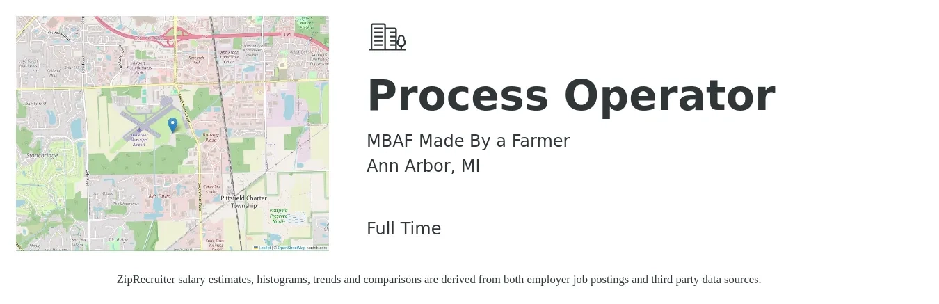 MBAF Made By a Farmer job posting for a Process Operator in Ann Arbor, MI with a salary of $18 to $24 Hourly with a map of Ann Arbor location.