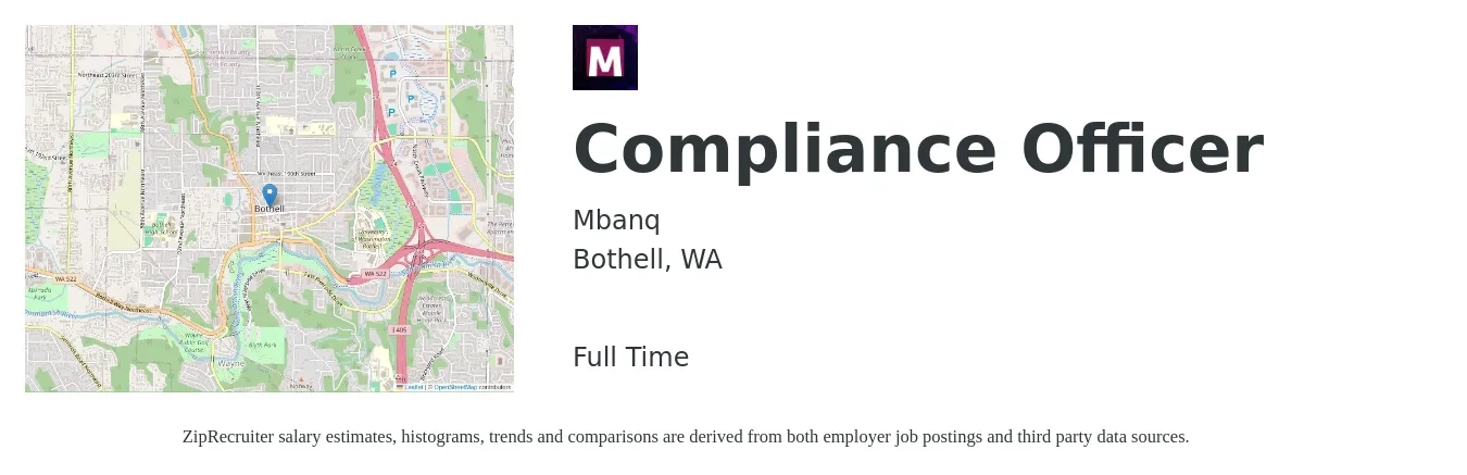 Mbanq job posting for a Compliance Officer in Bothell, WA with a salary of $68,800 to $128,600 Yearly with a map of Bothell location.
