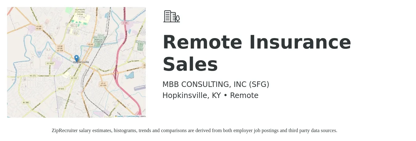 MBB CONSULTING, INC (SFG) job posting for a Remote Insurance Sales in Hopkinsville, KY with a salary of $500 to $800 Weekly with a map of Hopkinsville location.