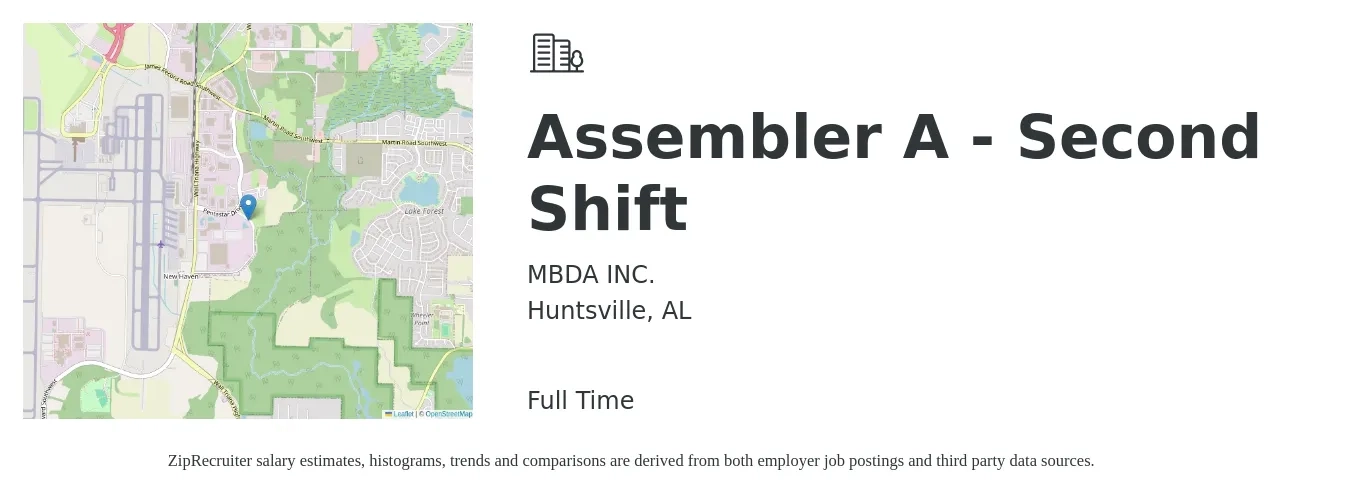 MBDA INC. job posting for a Assembler A - Second Shift in Huntsville, AL with a salary of $16 to $20 Hourly with a map of Huntsville location.