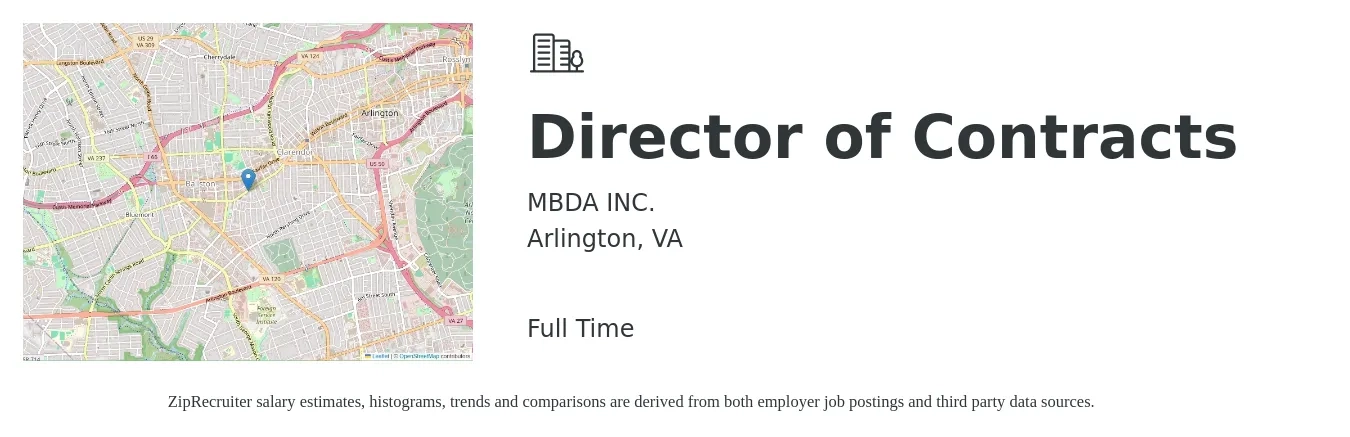 MBDA INC. job posting for a Director of Contracts in Arlington, VA with a salary of $113,700 to $196,000 Yearly with a map of Arlington location.