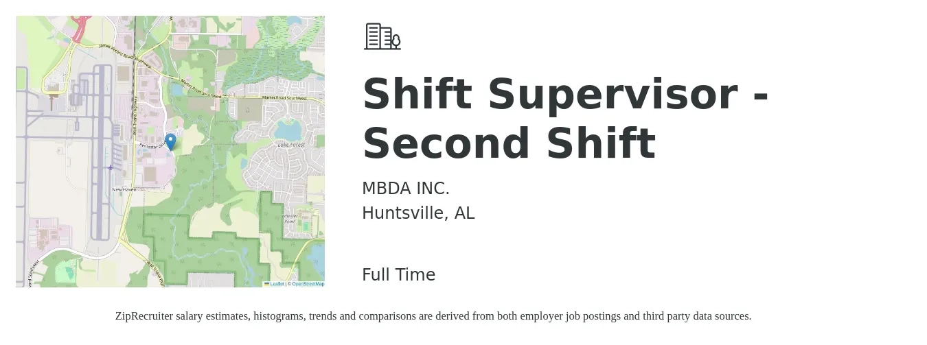 MBDA INC. job posting for a Shift Supervisor - Second Shift in Huntsville, AL with a salary of $19 to $32 Hourly with a map of Huntsville location.