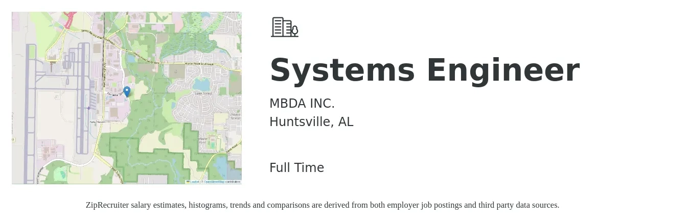 MBDA INC. job posting for a Systems Engineer in Huntsville, AL with a salary of $98,600 to $157,900 Yearly with a map of Huntsville location.