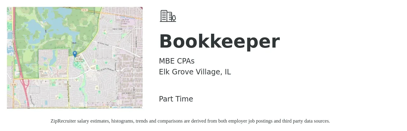 MBE CPAs job posting for a Bookkeeper in Elk Grove Village, IL with a salary of $20 to $28 Hourly with a map of Elk Grove Village location.