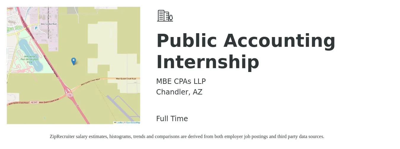 MBE CPAs LLP job posting for a Public Accounting Internship in Chandler, AZ with a salary of $16 to $20 Hourly with a map of Chandler location.