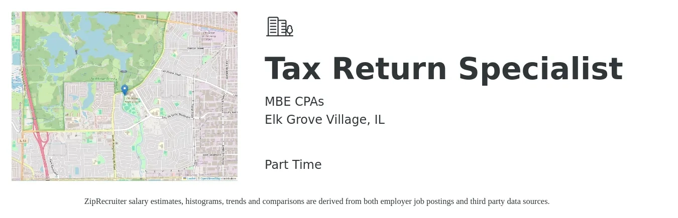 MBE CPAs job posting for a Tax Return Specialist in Elk Grove Village, IL with a salary of $56,200 to $97,100 Yearly with a map of Elk Grove Village location.