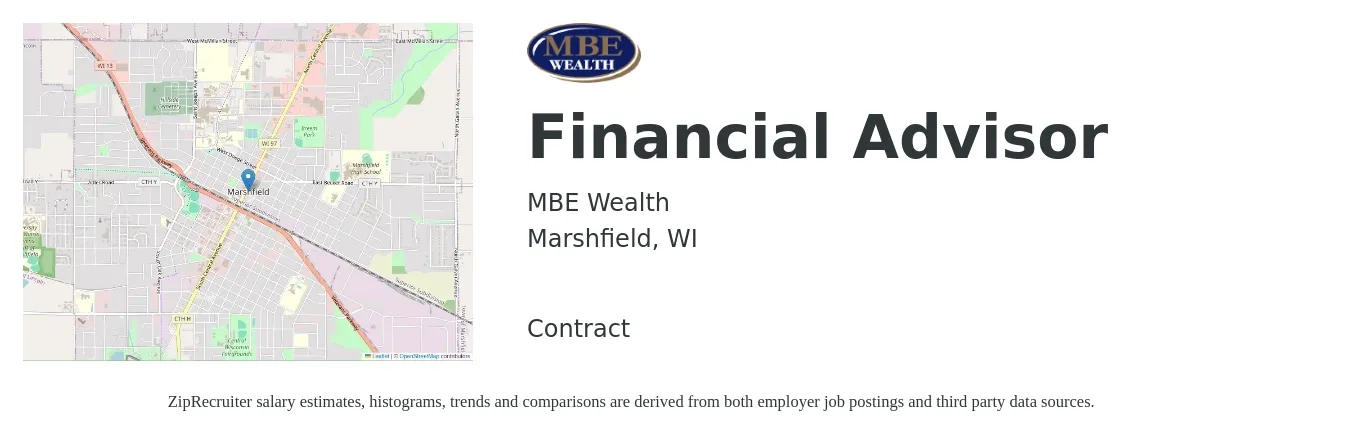 MBE Wealth job posting for a Financial Advisor in Marshfield, WI with a salary of $75,000 to $131,000 Yearly with a map of Marshfield location.