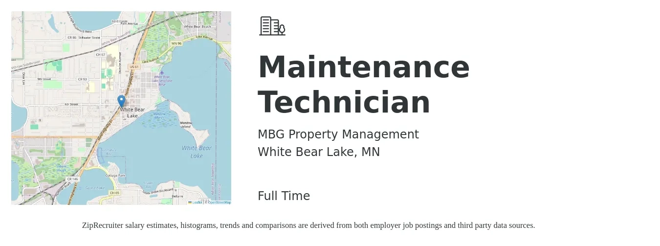 MBG Property Management job posting for a Maintenance Technician in White Bear Lake, MN with a salary of $20 to $28 Hourly with a map of White Bear Lake location.