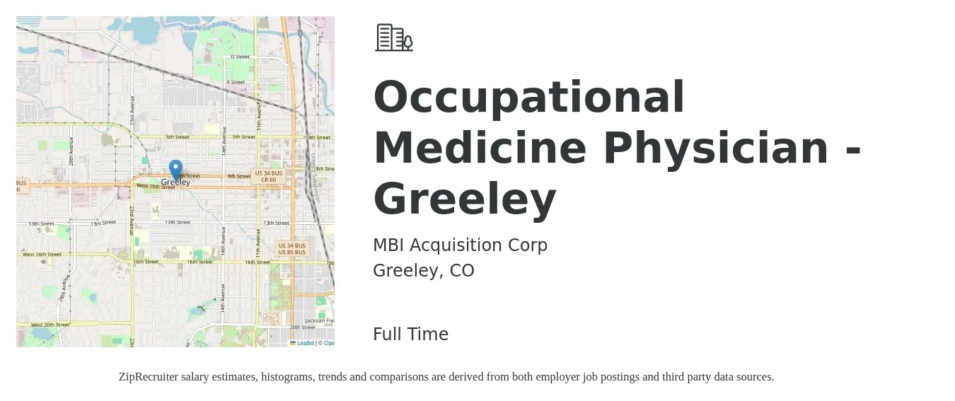 MBI Acquisition Corp job posting for a Occupational Medicine Physician - Greeley in Greeley, CO with a salary of $111,000 to $211,400 Yearly with a map of Greeley location.