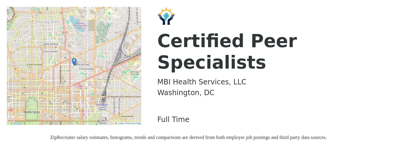MBI Health Services, LLC job posting for a Certified Peer Specialists in Washington, DC with a salary of $18 to $22 Hourly with a map of Washington location.