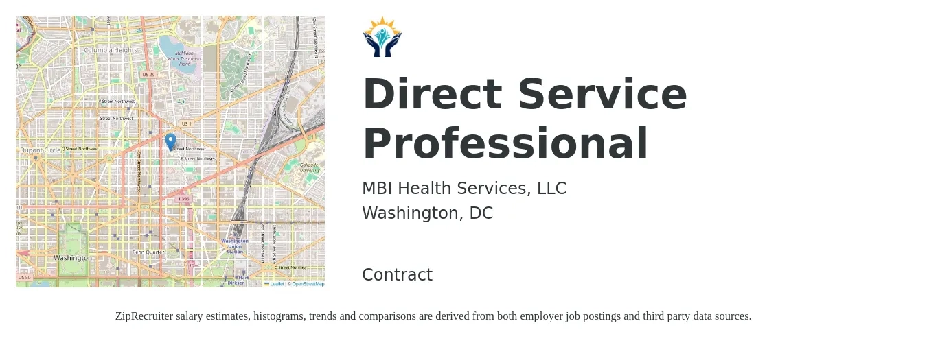 MBI Health Services, LLC job posting for a Direct Service Professional in Washington, DC with a salary of $15 to $20 Hourly with a map of Washington location.