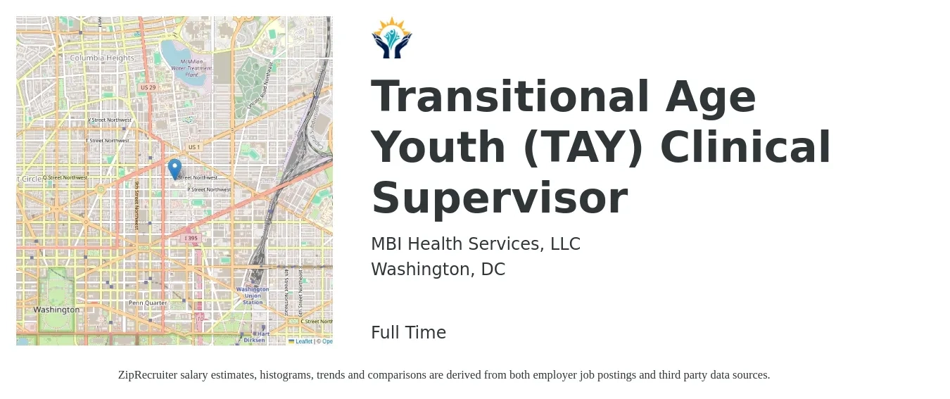 MBI Health Services, LLC job posting for a Transitional Age Youth (TAY) Clinical Supervisor in Washington, DC with a salary of $66,200 to $91,200 Yearly with a map of Washington location.