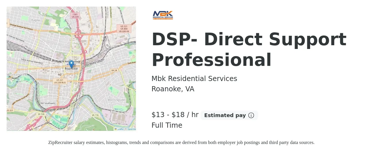 Mbk Residential Services job posting for a DSP- Direct Support Professional in Roanoke, VA with a salary of $14 to $19 Hourly with a map of Roanoke location.