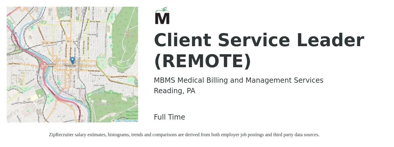 MBMS Medical Billing and Management Services job posting for a Client Service Leader (REMOTE) in Reading, PA with a salary of $15 to $24 Hourly with a map of Reading location.