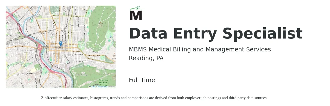 MBMS Medical Billing and Management Services job posting for a Data Entry Specialist in Reading, PA with a salary of $16 to $22 Hourly with a map of Reading location.