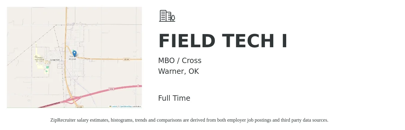 MBO / Cross job posting for a FIELD TECH I in Warner, OK with a salary of $18 to $25 Hourly with a map of Warner location.