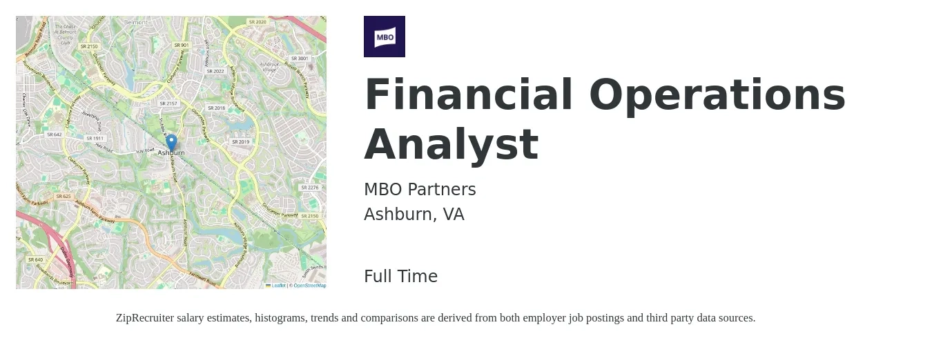 MBO Partners job posting for a Financial Operations Analyst in Ashburn, VA with a salary of $90,500 to $141,100 Yearly with a map of Ashburn location.