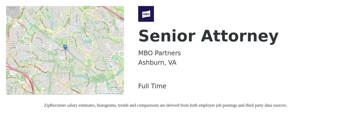 MBO Partners job posting for a Senior Attorney in Ashburn, VA with a salary of $103,800 to $164,600 Yearly with a map of Ashburn location.