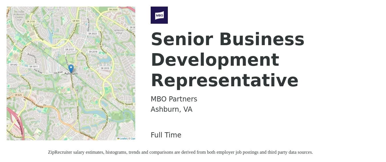 MBO Partners job posting for a Senior Business Development Representative in Ashburn, VA with a salary of $46,000 to $71,600 Yearly with a map of Ashburn location.