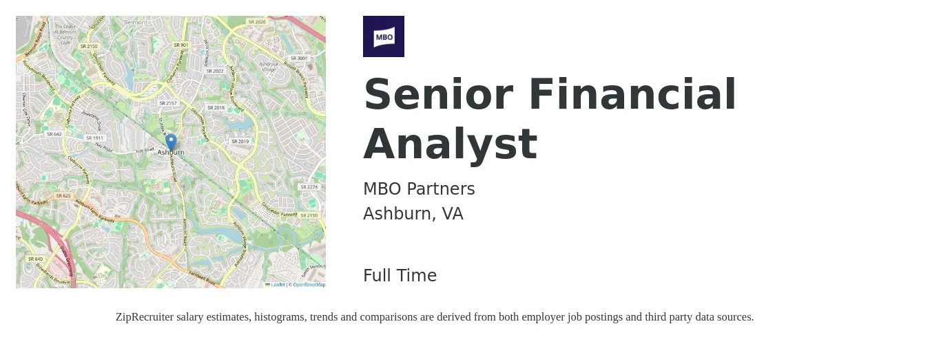 MBO Partners job posting for a Senior Financial Analyst in Ashburn, VA with a salary of $87,400 to $108,900 Yearly with a map of Ashburn location.