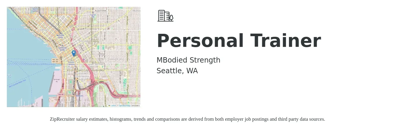 MBodied Strength job posting for a Personal Trainer in Seattle, WA with a salary of $55 Hourly with a map of Seattle location.