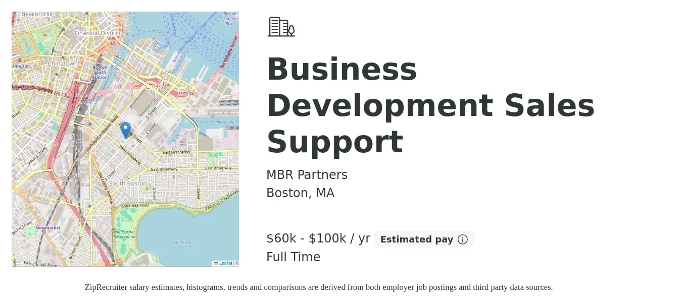 MBR Partners job posting for a Business Development Sales Support in Boston, MA with a salary of $60,000 to $100,000 Yearly with a map of Boston location.