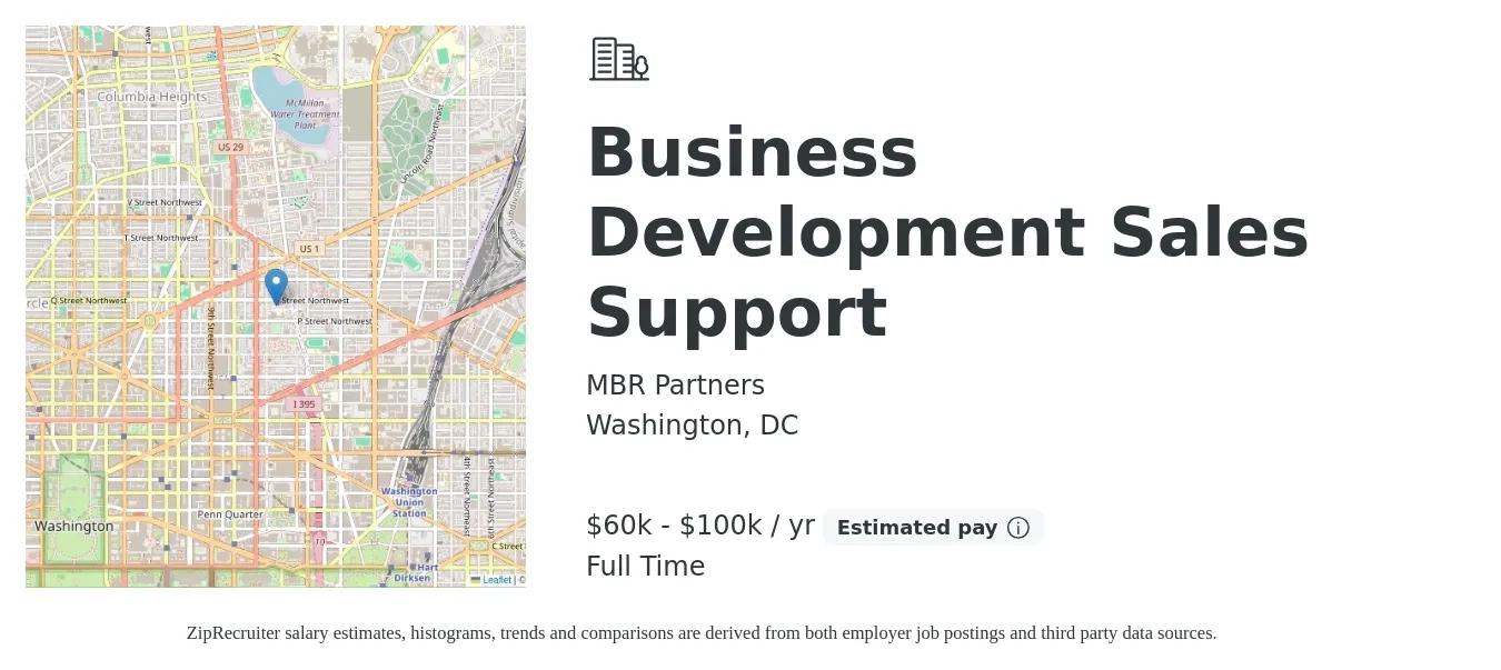 MBR Partners job posting for a Business Development Sales Support in Washington, DC with a salary of $60,000 to $100,000 Yearly with a map of Washington location.