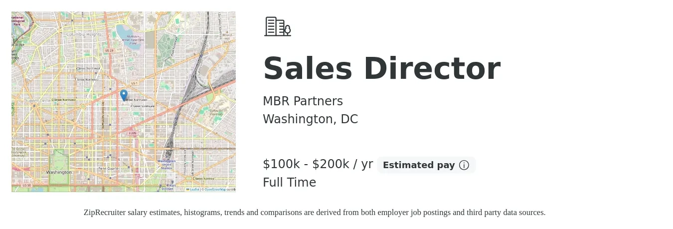 MBR Partners job posting for a Sales Director in Washington, DC with a salary of $100,000 to $200,000 Yearly with a map of Washington location.