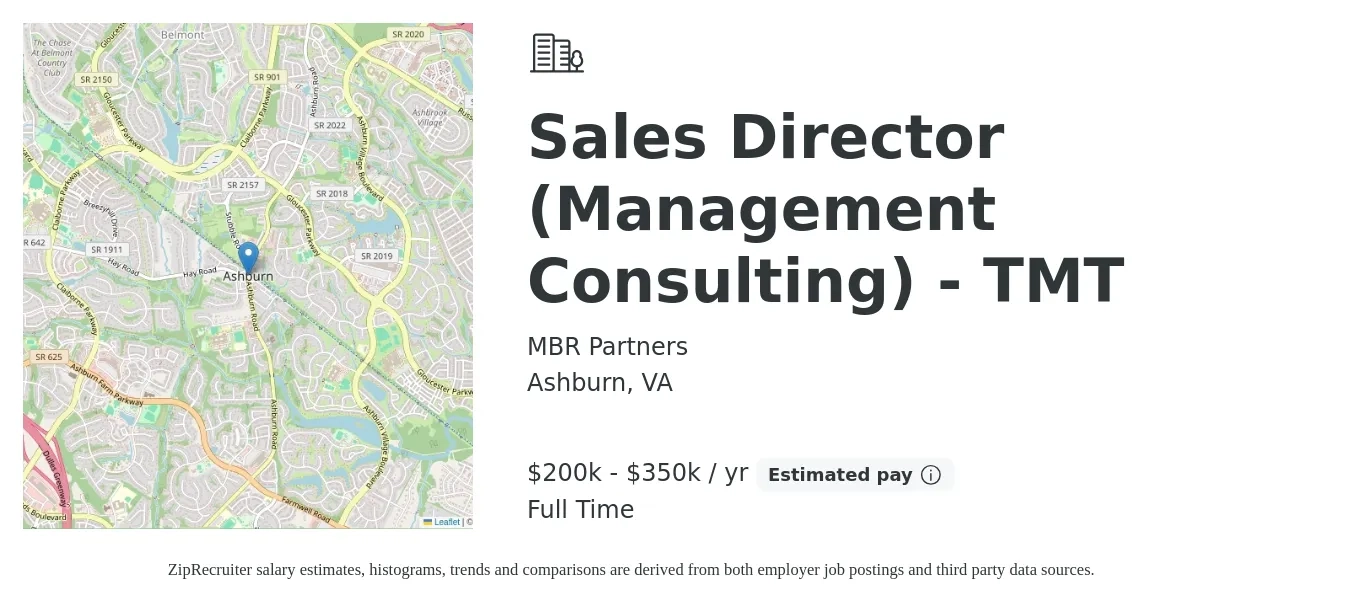 MBR Partners job posting for a Sales Director (Management Consulting) - TMT in Ashburn, VA with a salary of $200,000 to $350,000 Yearly with a map of Ashburn location.