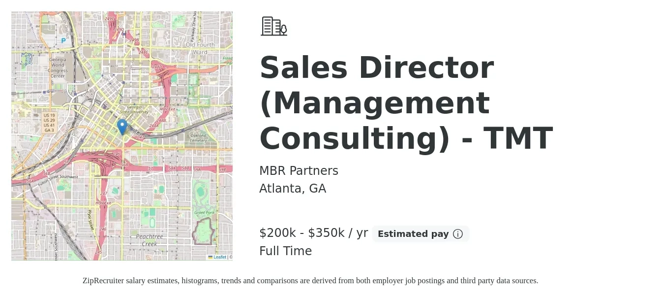 MBR Partners job posting for a Sales Director (Management Consulting) - TMT in Atlanta, GA with a salary of $200,000 to $350,000 Yearly with a map of Atlanta location.