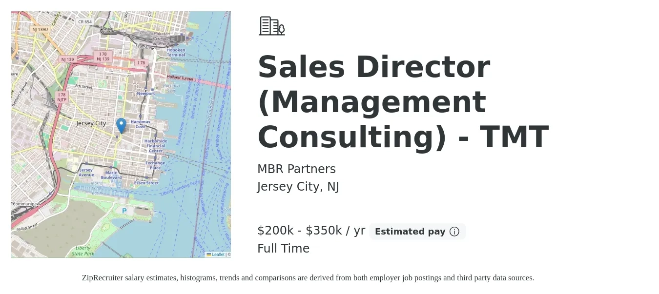 MBR Partners job posting for a Sales Director (Management Consulting) - TMT in Jersey City, NJ with a salary of $200,000 to $350,000 Yearly with a map of Jersey City location.