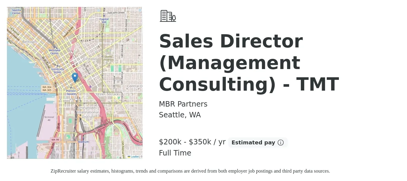 MBR Partners job posting for a Sales Director (Management Consulting) - TMT in Seattle, WA with a salary of $200,000 to $350,000 Yearly with a map of Seattle location.
