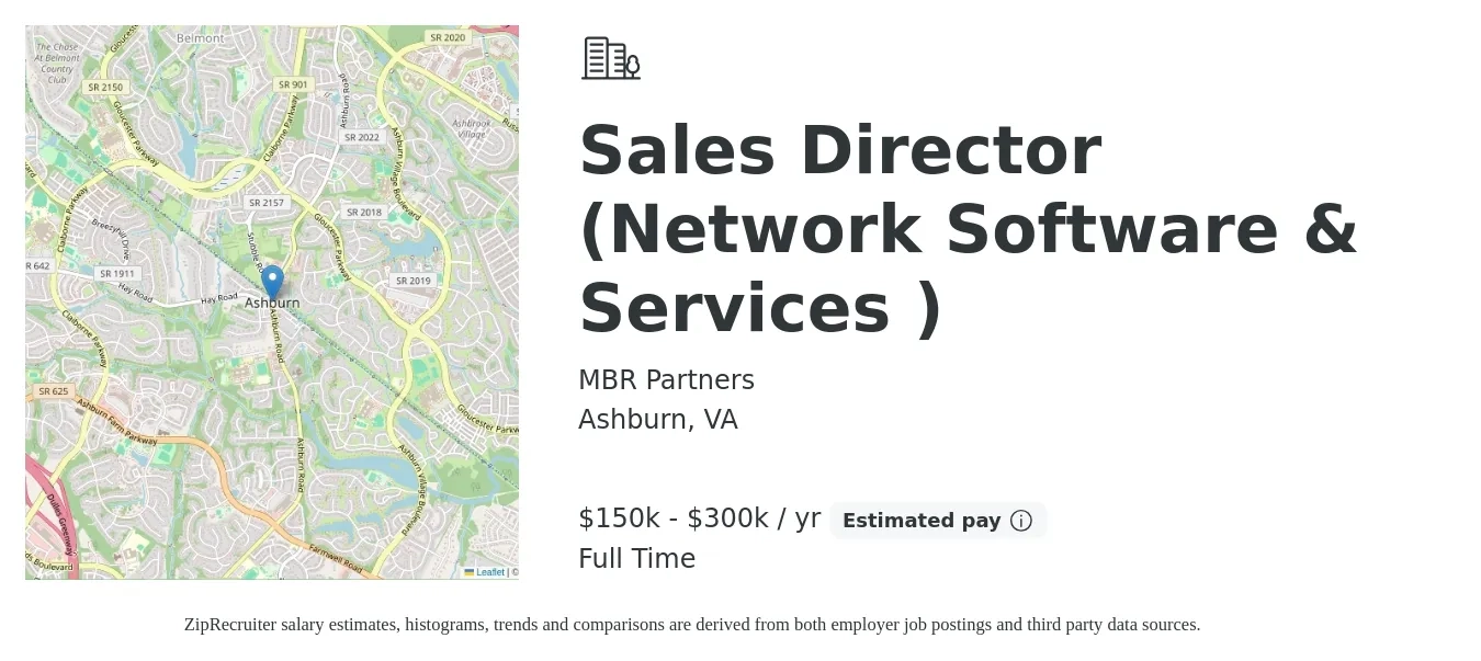 MBR Partners job posting for a Sales Director (Network Software & Services ) in Ashburn, VA with a salary of $150,000 to $300,000 Yearly with a map of Ashburn location.