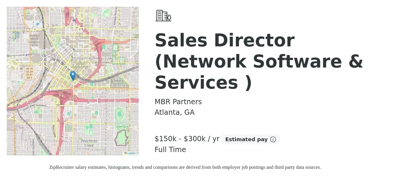 MBR Partners job posting for a Sales Director (Network Software & Services ) in Atlanta, GA with a salary of $150,000 to $300,000 Yearly with a map of Atlanta location.