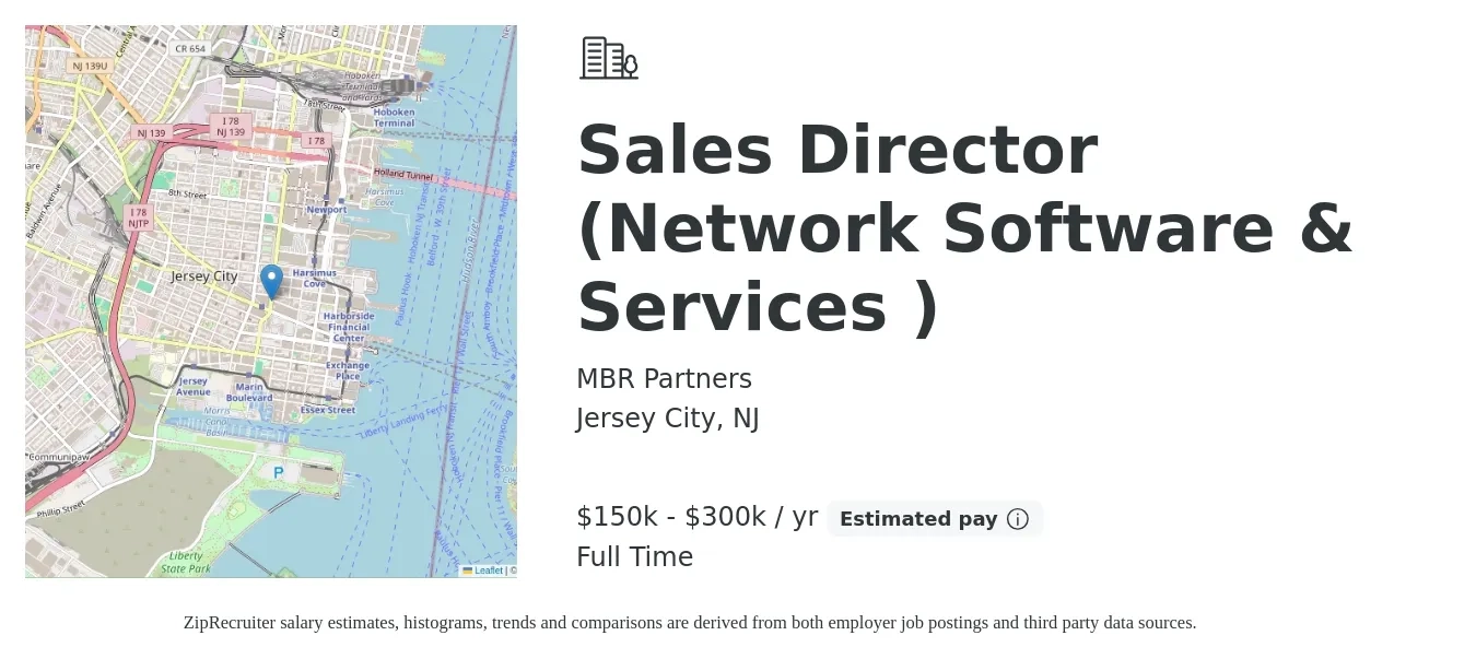 MBR Partners job posting for a Sales Director (Network Software & Services ) in Jersey City, NJ with a salary of $150,000 to $300,000 Yearly with a map of Jersey City location.