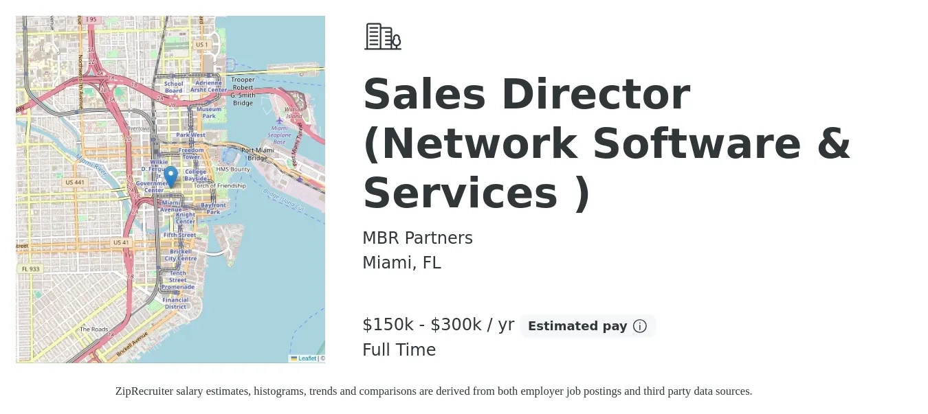 MBR Partners job posting for a Sales Director (Network Software & Services ) in Miami, FL with a salary of $150,000 to $300,000 Yearly with a map of Miami location.