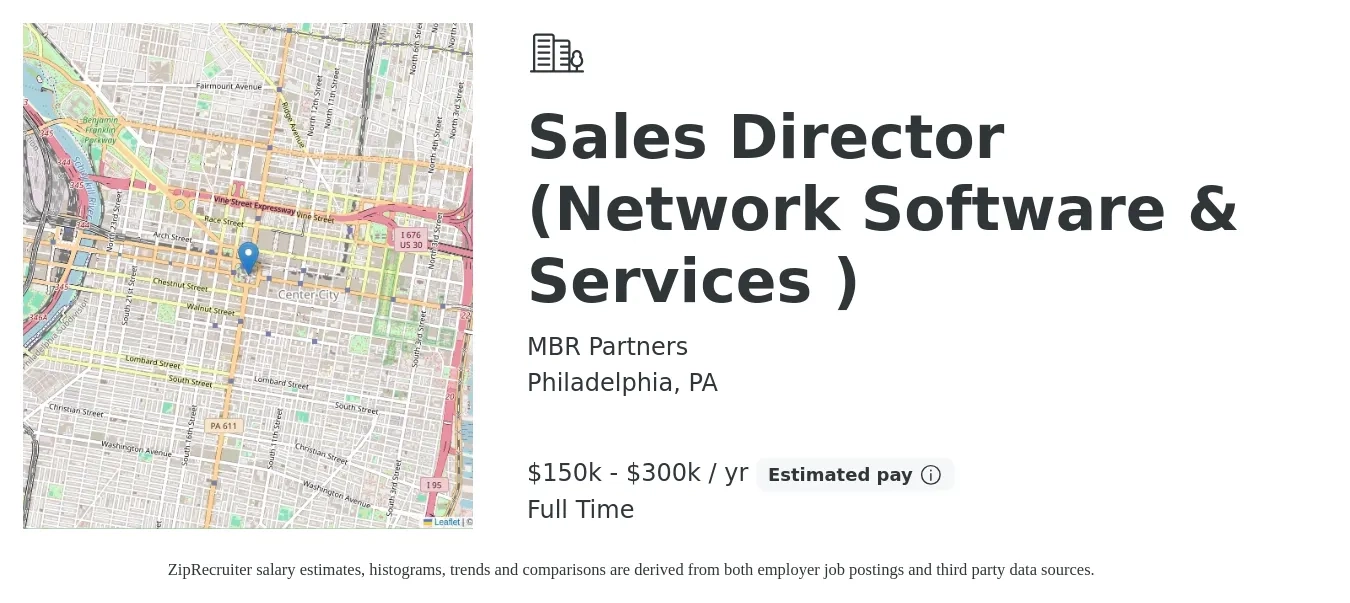 MBR Partners job posting for a Sales Director (Network Software & Services ) in Philadelphia, PA with a salary of $150,000 to $300,000 Yearly with a map of Philadelphia location.