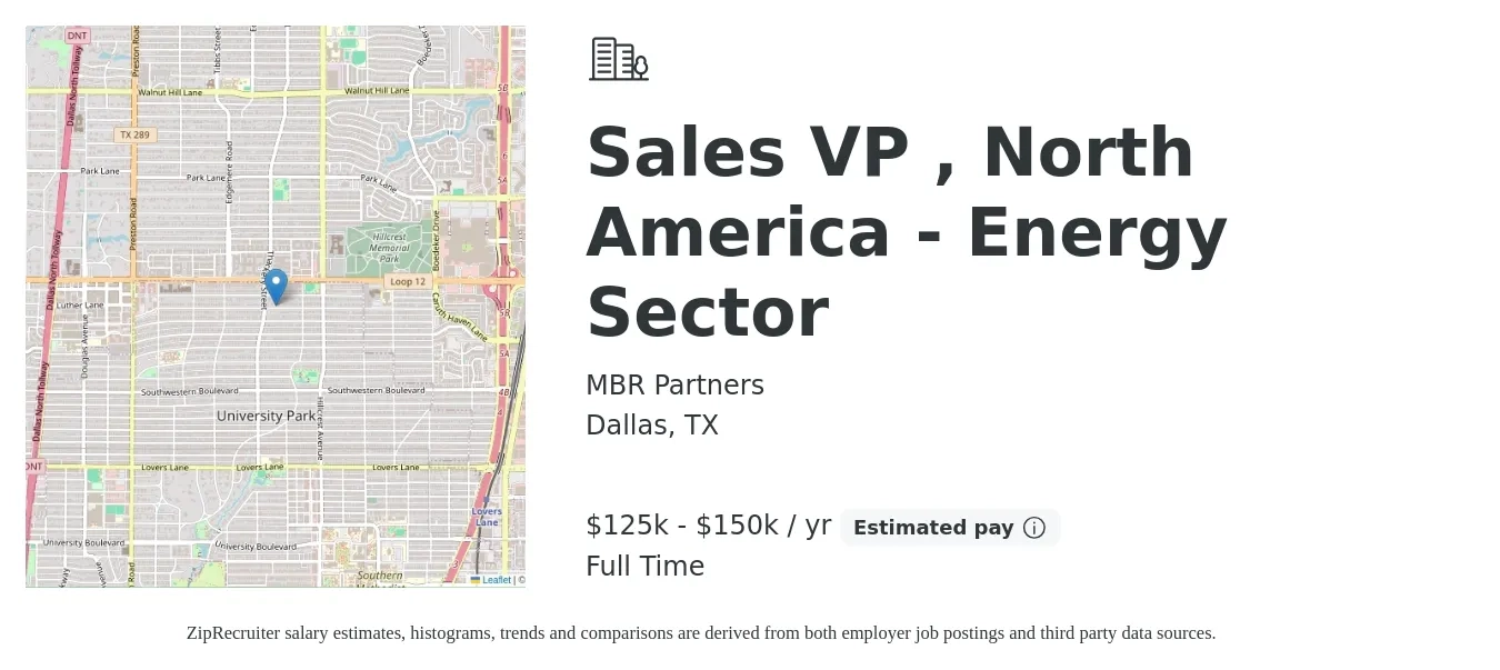 MBR Partners job posting for a Sales VP , North America - Energy Sector in Dallas, TX with a salary of $125,000 to $150,000 Yearly with a map of Dallas location.
