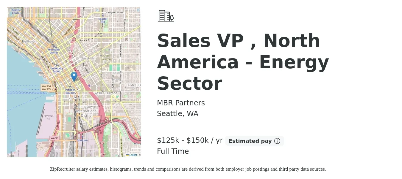 MBR Partners job posting for a Sales VP , North America - Energy Sector in Seattle, WA with a salary of $125,000 to $150,000 Yearly with a map of Seattle location.