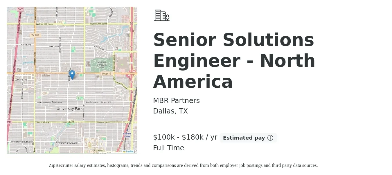 MBR Partners job posting for a Senior Solutions Engineer - North America in Dallas, TX with a salary of $100,000 to $180,000 Yearly with a map of Dallas location.