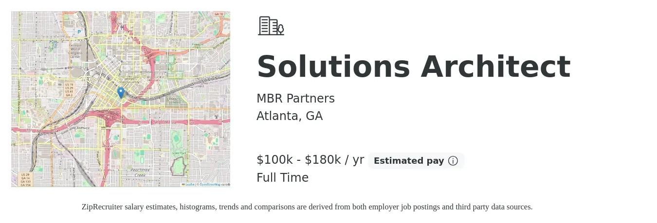MBR Partners job posting for a Solutions Architect in Atlanta, GA with a salary of $100,000 to $180,000 Yearly with a map of Atlanta location.