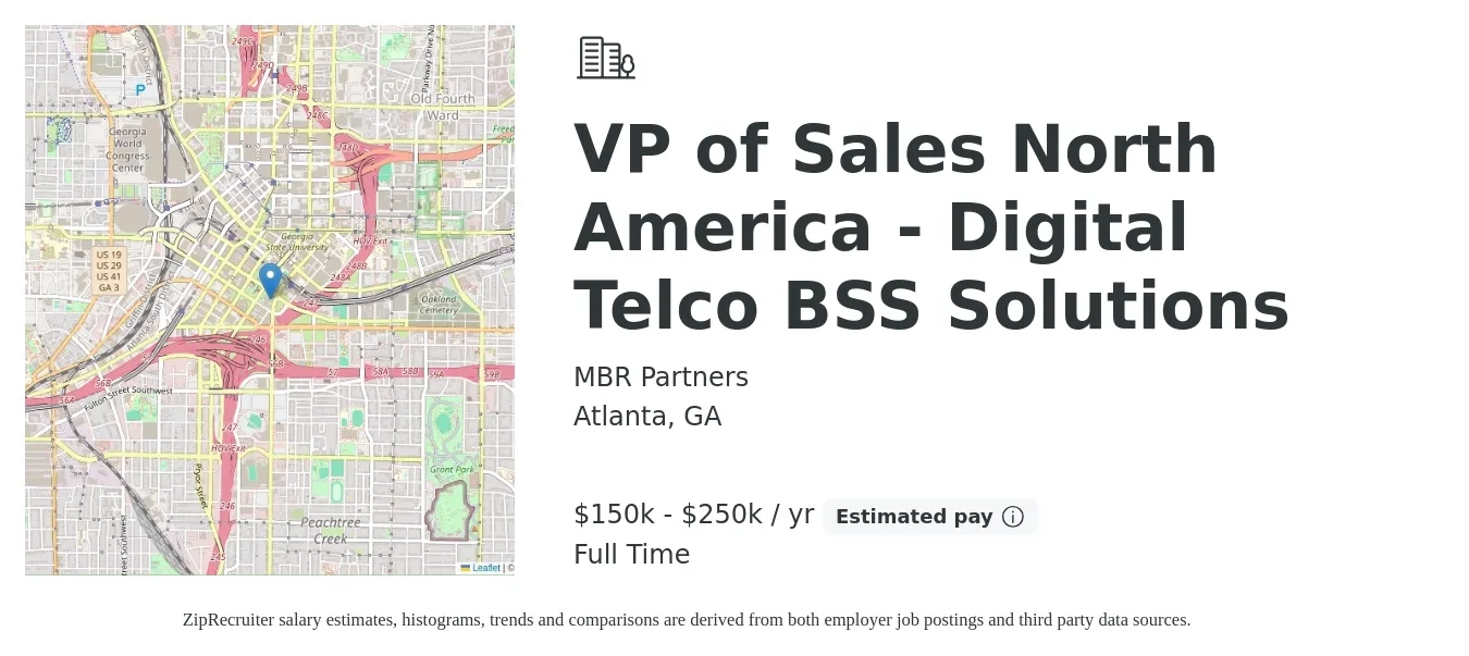 MBR Partners job posting for a VP of Sales North America - Digital Telco BSS Solutions in Atlanta, GA with a salary of $150,000 to $250,000 Yearly with a map of Atlanta location.