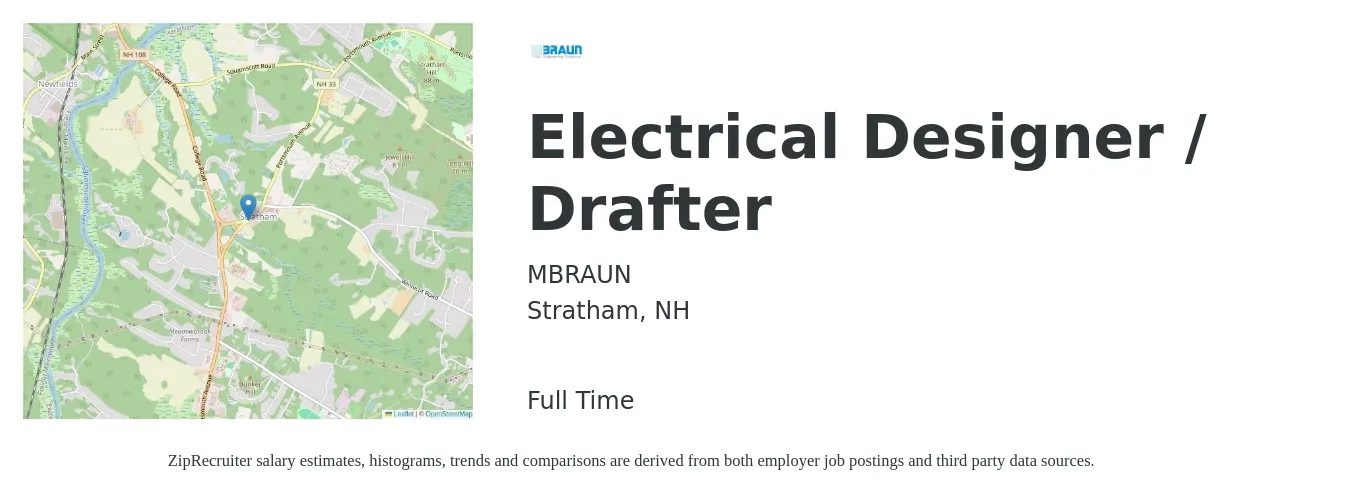 MBRAUN job posting for a Electrical Designer / Drafter in Stratham, NH with a salary of $62,600 to $83,100 Yearly with a map of Stratham location.
