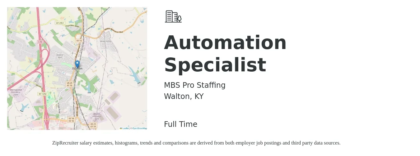 MBS Pro Staffing job posting for a Automation Specialist in Walton, KY with a map of Walton location.