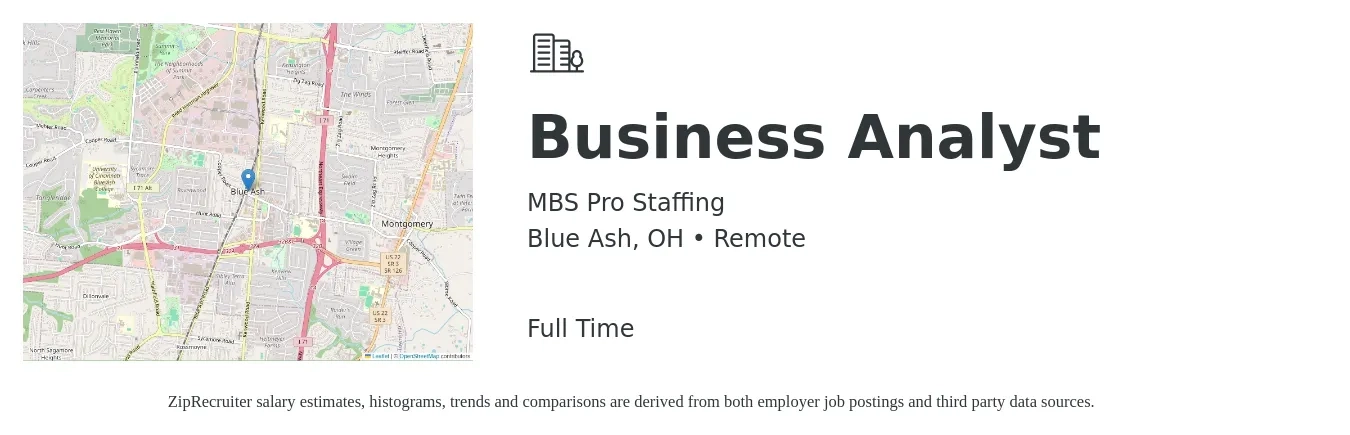 MBS Pro Staffing job posting for a Business Analyst in Blue Ash, OH with a salary of $34 to $57 Hourly with a map of Blue Ash location.