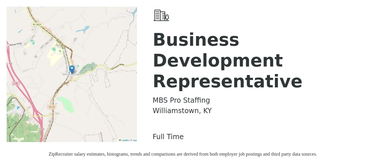 MBS Pro Staffing job posting for a Business Development Representative in Williamstown, KY with a salary of $42,100 to $65,400 Yearly with a map of Williamstown location.