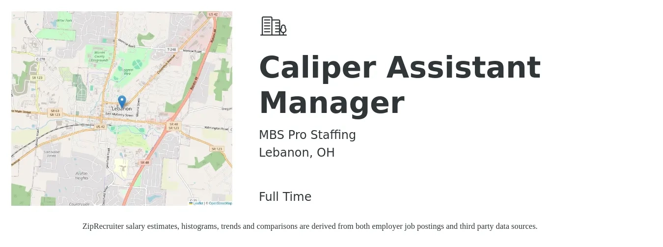 MBS Pro Staffing job posting for a Caliper Assistant Manager in Lebanon, OH with a map of Lebanon location.