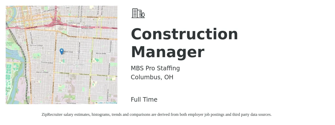 MBS Pro Staffing job posting for a Construction Manager in Columbus, OH with a salary of $68,600 to $111,600 Yearly with a map of Columbus location.