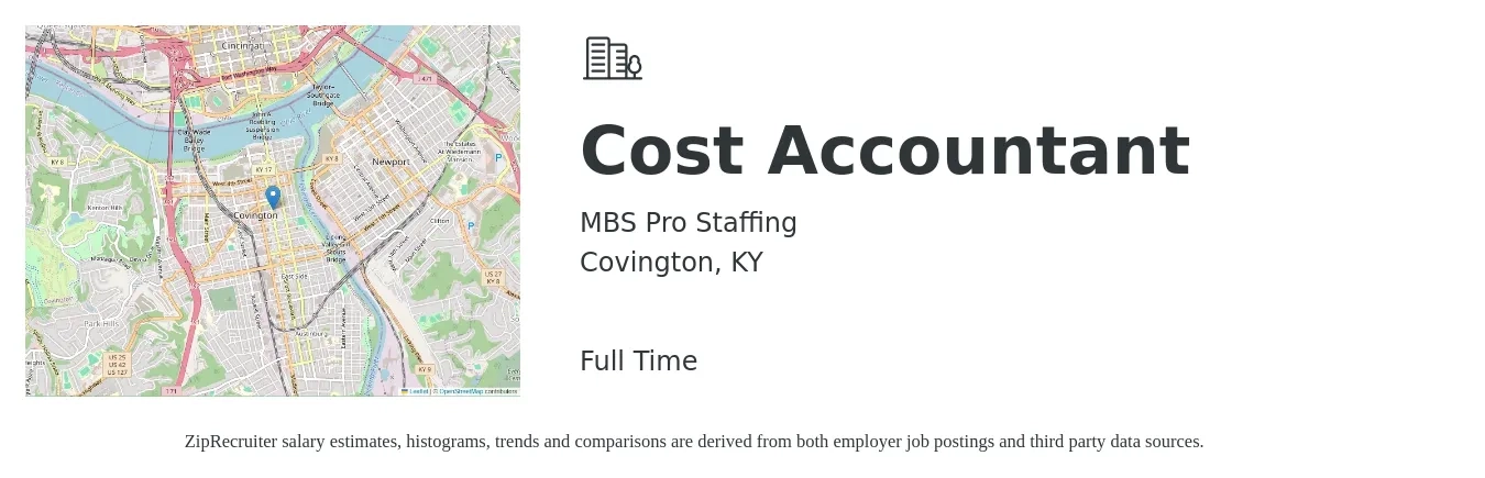 MBS Pro Staffing job posting for a Cost Accountant in Covington, KY with a salary of $63,600 to $84,900 Yearly with a map of Covington location.